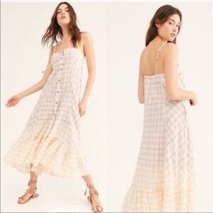 Free People Plaid City Sleeveless Ruffle Lace Up Bodice Maxi Top Dress l
